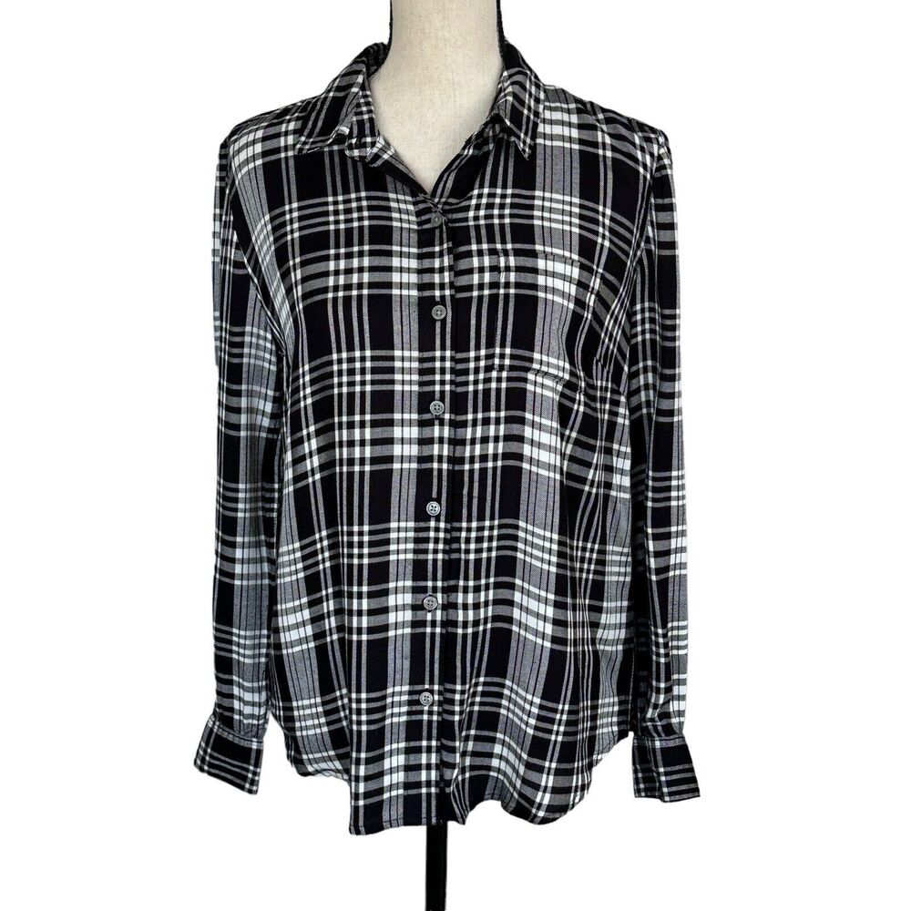 Style & Co Small Button-Up Top Plaid Pocket Long Sleeve Hi-Low Hem Black White